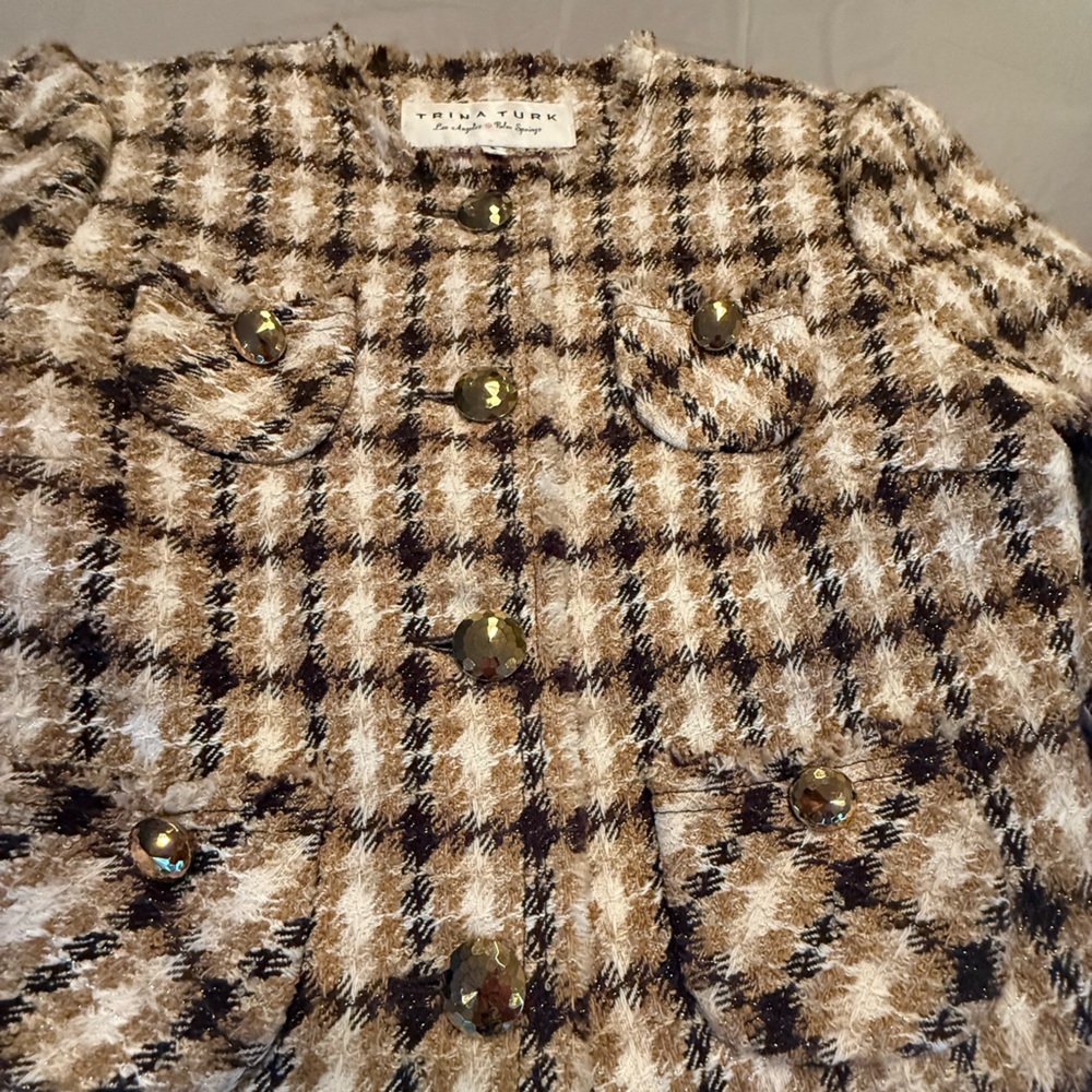 Trina Turk Gold Metallic Tweed 3/4 Sleeve Jacket w/ Gold Hardware Size 8/M $398 - Picture 6 of 10